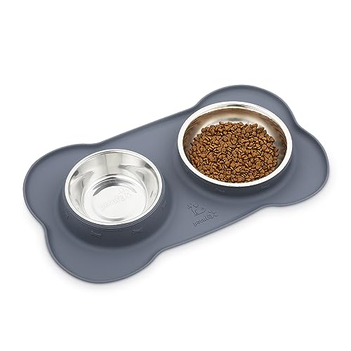 Pecute Futternapf Fressnapf hunde Katzen, Hundenapf Edelstahl Katzenapf mit Rutschfesten Silikon Tablett Matte,Schüssel Lebensmittel Wassernapf Grau M(2*400ml) von pecute