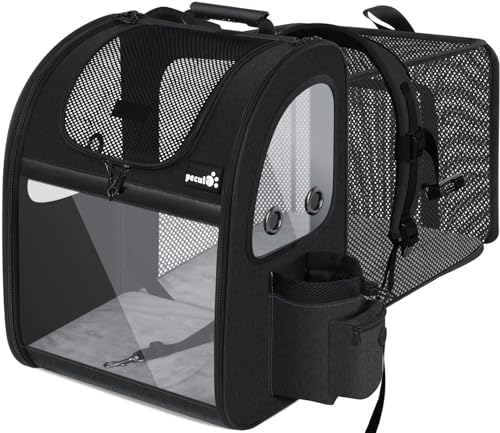 pecute Hunderucksack, Erweiterbar Faltbar, Katzenrucksack Große Katzen mit Anti-offener Reißverschluss, Rucksack Hund mit Transparentes fenster Schwarz, für Hunde Katzen Haustiere (34 * 27 * 44cm) von pecute