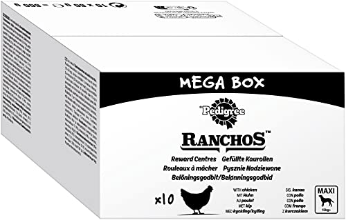 PEDIGREE® RANCHOS™ Beutel Multipack Mega Box Gefüllte Kaurollen mit Huhn 10 x 80g, Maxi 15kg+ von Pedigree