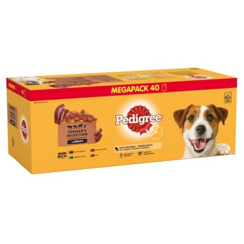 Pedigree Gemischte Selektion in Sauce – Hundenassfutter im Portionsbeutel – Hundefutter in Sauce mit Lamm – Rind – Ente – Großpackung (40 x 100g) von Pedigree