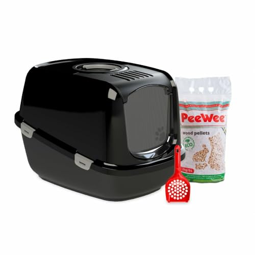 Katzentoilette XXL PeeWee EcoDome Katzenklo mit Haube Katzen WC geschlossen inkl. 3kg Streu Holzpellets, Farbe:Schwarz von PeeWee