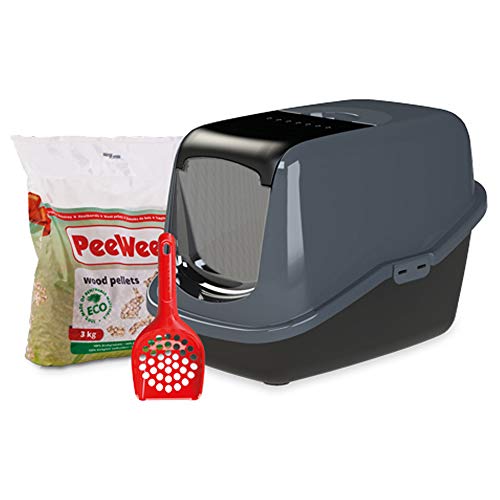 PeeWee Katzentoilette EcoHus Katzenklo mit Haube Katzen WC geschlossen inkl. 3kg Streu Holzpellets, Farbe:Schwarz-Anthrazit von PeeWee