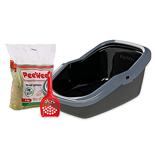 Katzentoilette PeeWee EcoMinor Katzenklo offen Schale Katzen WC inkl. 3kg Streu Holzpellets Pellets, Farbe:Schwarz-Anthrazit von PeeWee