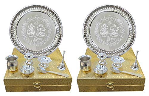 Peegli® Neusilber Pooja Thali Combo Set (2Er Pack) Mit Box Traditionelles Puja Thali 8,5 Zoll Hochzeitsrückgabe Geschenk von PEEGLI