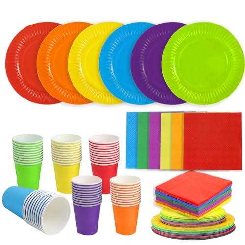 Partygeschirr Kindergeburtstag 120 Stück, Buntes Pappgeschirr Set mit 30x Pappteller 23cm, 30x Partyteller 18cm, 30x Pappbecher 270ml, 30x Servietten 25cm, Einweg Teller & Becher für Regenbogen Party Partygeschirr Kindergeburtstag 120 Stück, Buntes Pappgeschirr Set mit 30x Pappteller 23cm, 30x Partyteller 18cm, 30x Pappbecher 270ml, 30x Servietten 25cm, Einweg Teller & Becher für Regenbogen Party von Peelanmall
