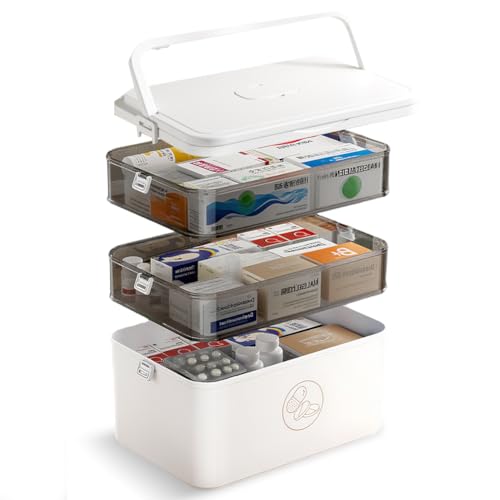 Peelanmall 3-Etagen Medikamenten Aufbewahrung,30x16.5x24 cm Medikamentenbox,Tragbarer Griff,Apothekerschrank,Medikamenten Organizer Hausapotheke Organizer mit Unterteilungen (Weiß) von Peelanmall