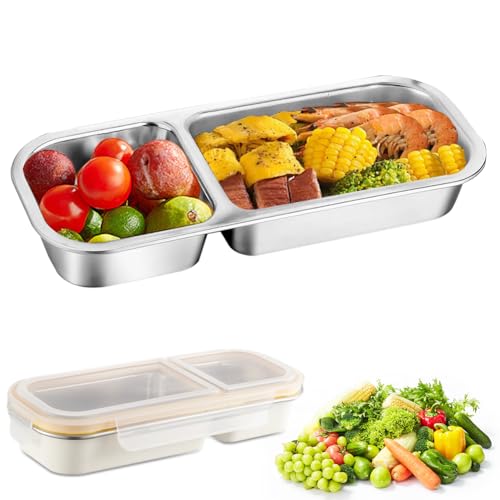 Peelanmall Snackbox Edelstahl mit 2 Fächern, Auslaufsichere Snackdose mit Deckel & Trennwand, Wiederverwendbare Snackschale für Süßigkeiten Nüsse Obst Kekse Saucen, Spülmaschinenfest & BPA-frei von Peelanmall