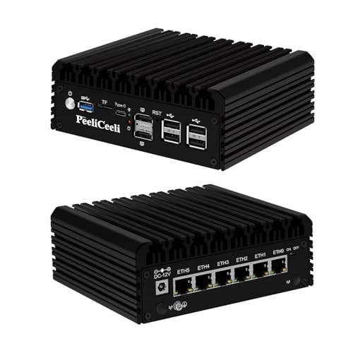 PeeliCeeli 2025 N150 Lüfterlos Mini PC, OPNsense Firewall Appliance DDR5 8GB RAM 128GB SSD, 6X i226-V 2.5GbE LAN Ports, Büro Micro Desktop PC Win 11 Pro, 4K 2HD+USB C, TF Slot von PeeliCeeli