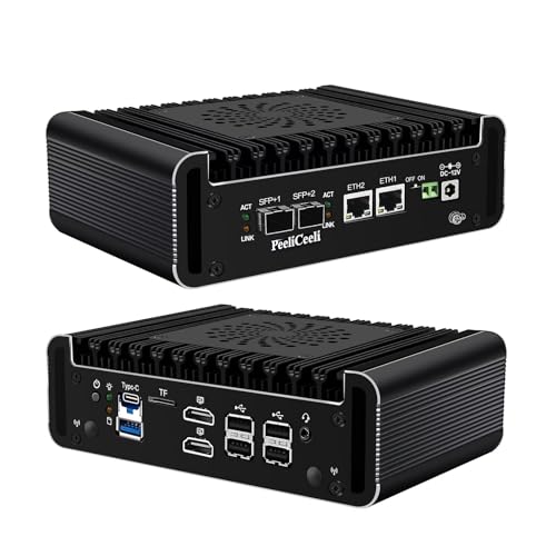 PeeliCeeli Mini PC 10Gbe Firewall Micro Appliance 12th Gen N100, 2 x SFP+10Gbps, 2 x i226V 2.5G LAN, DDR5 8G RAM 128G NVME SSD, OPNsense Hardware, USB3.2, TF Slot, Dual Display von PeeliCeeli