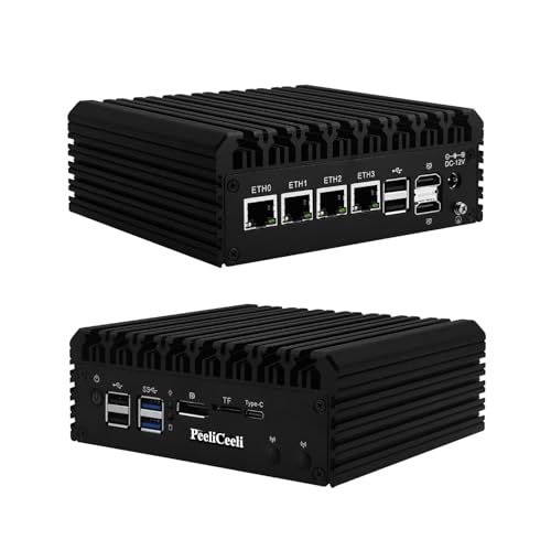 PeeliCeeli i3 N305 Fanless Mini PC 4X i226-V 2.5Gb LAN, OPNsense Network Firewall Appliance Barebone, Home/Office Micro Router PC with USB C, Dual M.2 NVMe, TF Slot (No RAM/SSD/OS) von PeeliCeeli