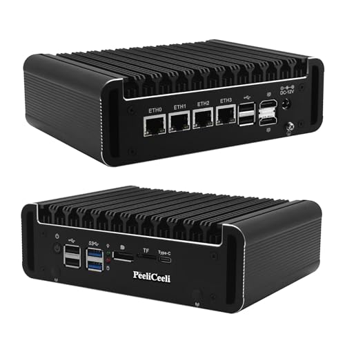 PeeliCeeli i3 N355 Barebone Mini PC Lüfterlos, 4X i226-V 2.5GbE LAN Firewall Hardware OPNsense, DDR5 Router PC Dual M.2 NVMe, HD, USB C, TF Slot für Zuhause & Büro (NO RAM/SSD/OS) von PeeliCeeli