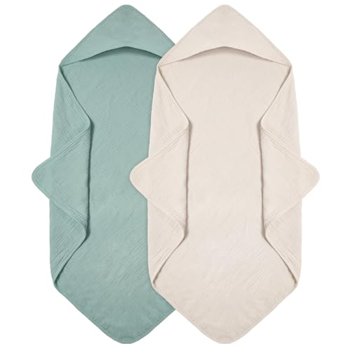 Peepeemax Kapuzenhandtuch Baby 2er-Pack, Musselin Baumwolle Baby Handtuch Kapuze, Weiche und Saugfähige Babyhandtuch mit Kapuze, Geeignet für Neugeborene und Babys 0–18 Monate, 76x76cm, Grün von Peepeemax