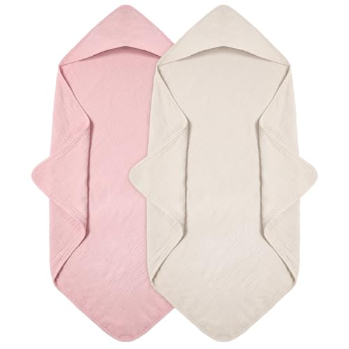 Peepeemax Kapuzenhandtuch Baby 2er-Pack, Musselin Baumwolle Baby Handtuch Kapuze, Weiche und Saugfähige Babyhandtuch mit Kapuze, Geeignet für Neugeborene und Babys 0–18 Monate, 76x76cm, Rosa von Peepeemax