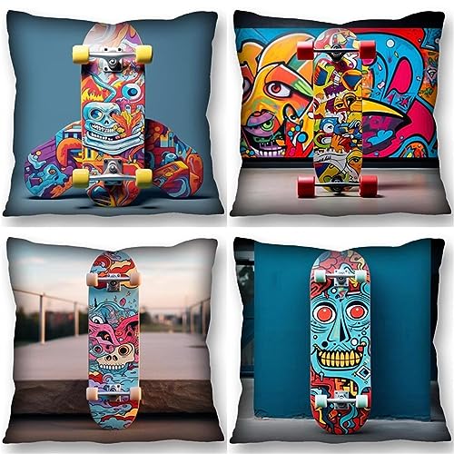 Kissenbezug 4er Set für Deko Leinen Wohnzimmer und Schlafzimmer - Outdoor Kissen 60x60 cm mit Skateboarden Polster Gartenmöbel Zierkissen, Stuhlkissen Deko in Straße Perfekt für Sofa, Couch und Bett von Peepezo