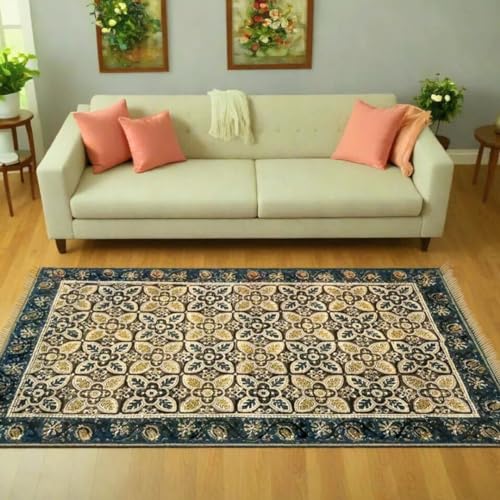Peepul Tree Handgefertigter Baumwollteppich mit Kalamkari-Druck, Indigo und Beige mit Bordüre Peepul Tree Handgefertigter Baumwollteppich mit Kalamkari-Druck, Indigo und Beige mit Bordüre von Peepul Tree