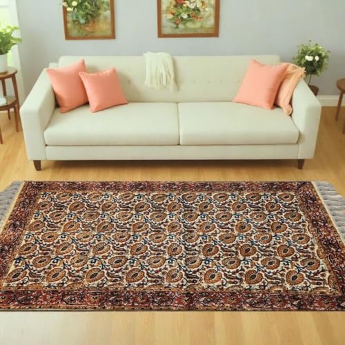 Peepul Tree Handgefertigter Baumwollteppich mit Kalamkari-Druck, florales Design, Ocker und Indigo von Peepul Tree