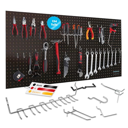 Pegboard Werkzeugwand aus Holz (MDF) inkl. 134-teiligem Hakenset - 120x60x0,5cm schwarz/braun, Ø7mm Löcher & 25,4mm Lochabstand - für Werkstatt und mehr - FSC-zertifiziert & Made in Germany von Pegboard