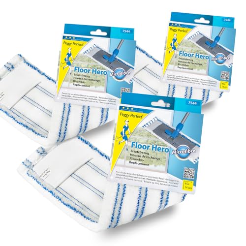 Peggy Perfect 3er Set – waschbarer Wischmopp Mikrofaser Ersatzbezug „Floor Hero“ mit Einer Größe von 45x14cm, geeignet für ca. 39x11cm große Bodenplatten. Ausgestattet mit Microfaser Power Lines. von Peggy Perfect