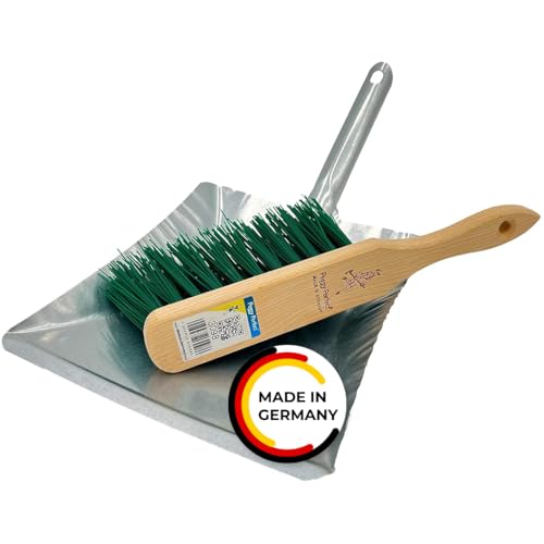 Peggy Perfect Kehrgarnitur Kehrset mit Buchenholz Handbesen und verzinkter Metallschaufel. Widerstandsfähiges und praktisches Industrie und Gartenkehrset mit grünen Elastonborsten von Peggy Perfect
