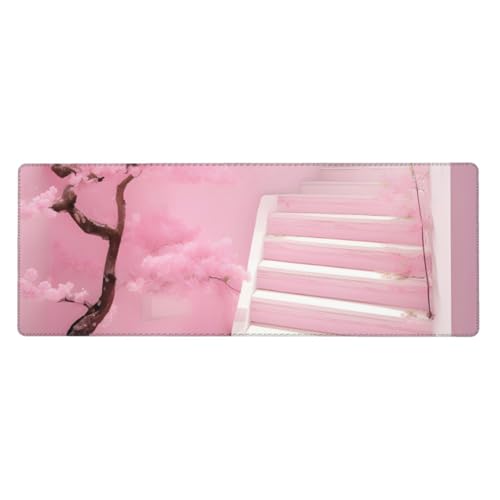 Cherry Blossom White Staircase Mousepad 30.0x80.0 cm Rutschfeste Unterseite für RGB-Tastatur, Maus und Laptop, geeignet für Gaming und Büro von Pegqcvam