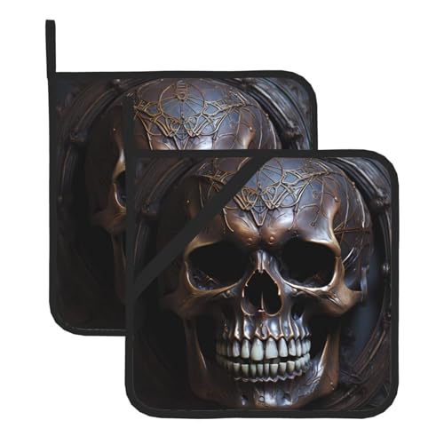 Kupferfarbenes Totenkopf-Topflappen-Set. Mit Taschen und rutschfest, leicht zu reinigen, langlebig, geeignet für Ofen, Grill usw. von Pegqcvam