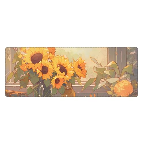 Mauspad mit Sonnenblumen unter der Fensterbank, 30 x 80 cm, rutschfeste Unterseite für RGB-Tastatur, Maus und Laptop, geeignet für Gaming und Büro. von Pegqcvam