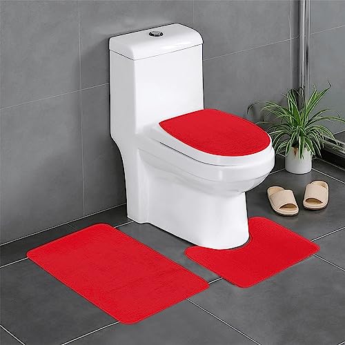 Pegqcvam 3-teiliges Badezimmerteppich-Set, einfarbig, rot, vollständig bedruckt, weiche, rutschfeste Matten, geeignet für Badezimmer, Toiletten und Böden. von Pegqcvam