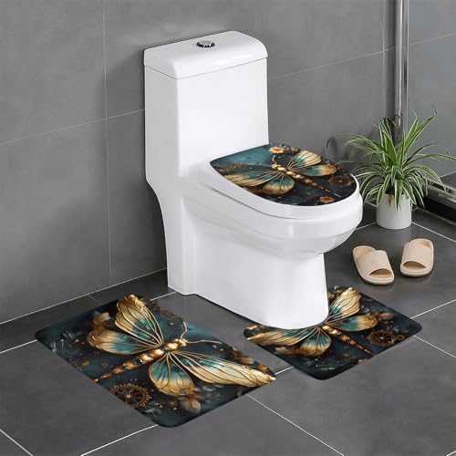 Pegqcvam 3-teiliges Badezimmerteppich-Set, goldfarben, zartes Libellen-Design, vollständig bedruckt, weiche, rutschfeste Matten, geeignet für Badezimmer, Toiletten und Böden. von Pegqcvam