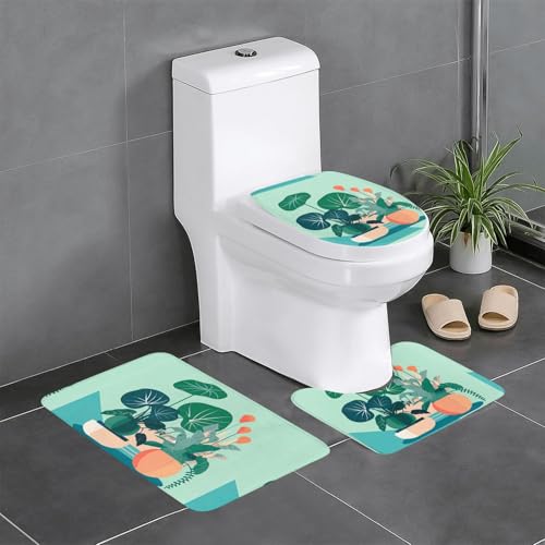 Pegqcvam 3-teiliges Badezimmerteppich-Set für den Innenbereich, Cartoon-Topfpflanzen, vollständig bedruckt, weiche rutschfeste Matten, geeignet für Badezimmer, Toiletten und Böden. von Pegqcvam