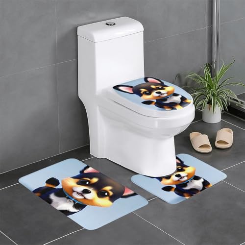 Pegqcvam Card Love Fancy Puppy 3-teiliges Badezimmerteppich-Set, vollständig bedruckt, weiche rutschfeste Matten, geeignet für Badezimmer, Toiletten und Böden von Pegqcvam