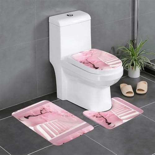 Pegqcvam Cherry Blossom White Staircase 3-teiliges Badezimmerteppich-Set, vollständig bedruckt, weiche rutschfeste Matten, geeignet für Badezimmer, Toiletten und Böden. von Pegqcvam
