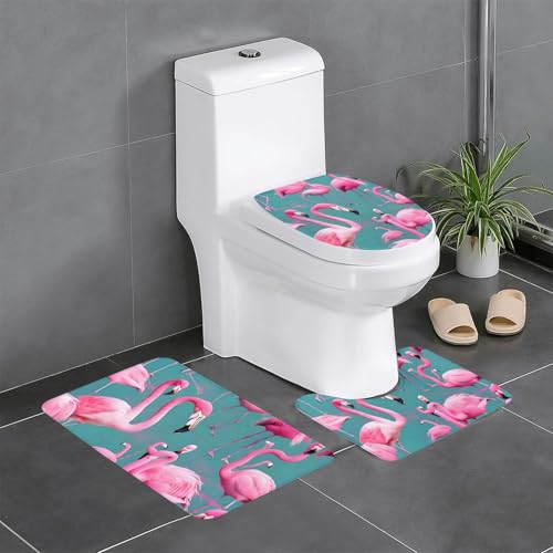 Pegqcvam Eine Flock von Flamingos 3-teiliges Badezimmerteppich-Set, vollständig bedruckt, weiche rutschfeste Matten, geeignet für Badezimmer, Toiletten und Böden. von Pegqcvam