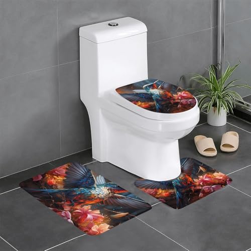 Pegqcvam Kolibri 3-teiliges Badezimmerteppich-Set, vollständig bedruckt, weiche rutschfeste Matten, geeignet für Badezimmer, Toiletten und Böden. von Pegqcvam