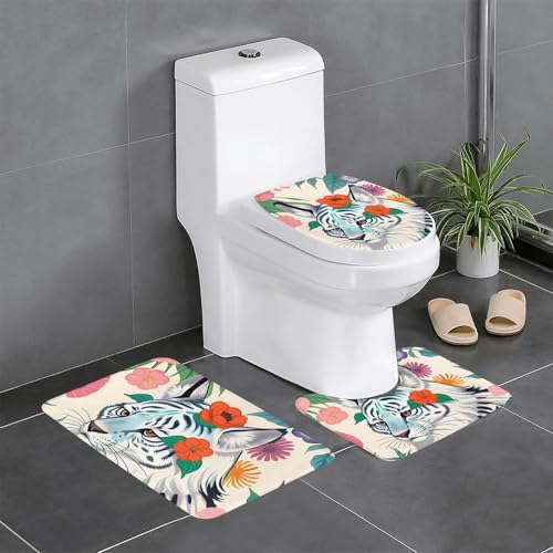 Pegqcvam Niedlicher weißer Tiger, 3-teiliges Badezimmerteppich-Set, vollständig bedruckt, weiche rutschfeste Matten, geeignet für Badezimmer, Toiletten und Böden. von Pegqcvam