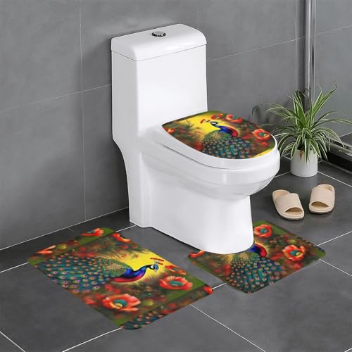 Pegqcvam Pfauenblumen 3-teiliges Badezimmerteppich-Set, vollständig bedruckt, weiche rutschfeste Matten, geeignet für Badezimmer, Toiletten und Böden. von Pegqcvam