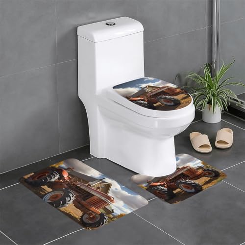 Pegqcvam Red Tractor 3-teiliges Badezimmerteppich-Set, vollständig bedruckt, weiche rutschfeste Matten, geeignet für Badezimmer, Toiletten und Böden. von Pegqcvam