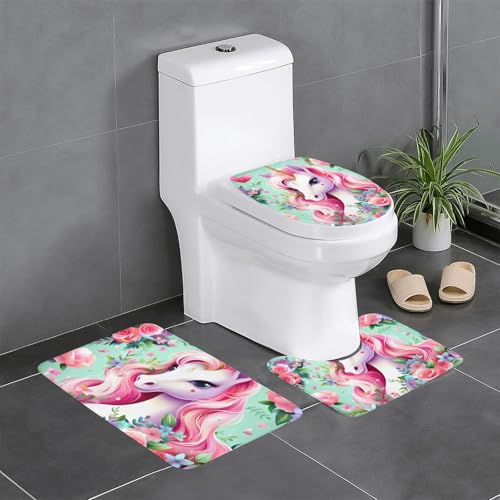 Pegqcvam Rosa Einhorn 3-teiliges Badezimmerteppich-Set, vollständig bedruckt, weiche rutschfeste Matten, geeignet für Badezimmer, Toiletten und Böden. von Pegqcvam