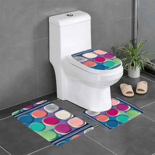 Pegqcvam Runde Farbpalette, 3-teiliges Badezimmerteppich-Set, vollständig bedruckt, weiche, rutschfeste Matten, geeignet für Badezimmer, Toiletten und Böden. von Pegqcvam