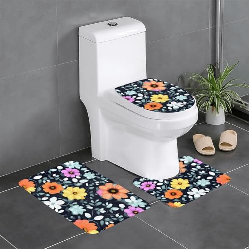 Pegqcvam Schöne bunte Blumen 3-teiliges Badezimmerteppich-Set, voll bedruckt, weiche rutschfeste Matten, geeignet für Badezimmer, Toiletten und Böden. von Pegqcvam