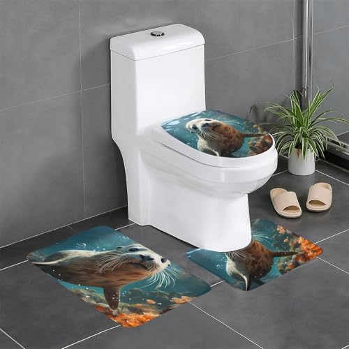Pegqcvam Seal Pup in Water 3-teiliges Badezimmerteppich-Set, vollständig bedruckt, weiche rutschfeste Matten, geeignet für Badezimmer, Toiletten und Böden. von Pegqcvam