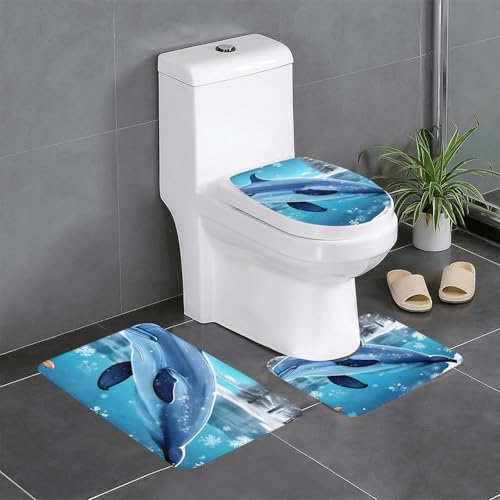 Pegqcvam Winter The Dolphin 3-teiliges Badezimmerteppich-Set, vollständig bedruckt, weiche rutschfeste Matten, geeignet für Badezimmer, Toiletten und Böden. von Pegqcvam