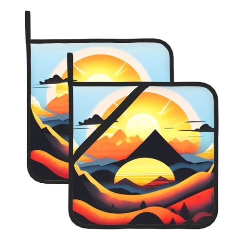 Sunrise Mountain Topflappen-Sets mit Taschen und rutschfest, leicht zu reinigen, langlebig, geeignet für Ofen, Grill usw. von Pegqcvam