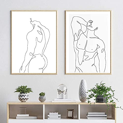 Druck auf Leinwand 2 Stück 60 x 80 cm Rahmenlos Male Line Art Men Body Line Sketch Poster Print Schwarz Weiß Wandkunst Bild Wohnzimmer Gym Home Decor von Pei-wall art