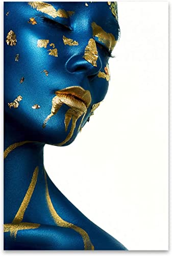 Gedruckt auf Leinwand 50 x 80 cm, Rahmenlos, blaues Gesicht, goldene Figur, abstrakte Drucke und Poster, Wandkunst, Bild, Wohnzimmer, Heimdekoration von Pei-wall art