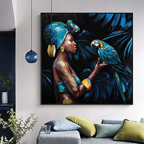 Pei-wall art Kunstwerk Gemälde 80 x 80 cm rahmenloser Vintage-Gemäldedruck sexy afrikanische Frau mit blauem Papageienbild für die Innendekoration des Wohnzimmers von Pei-wall art