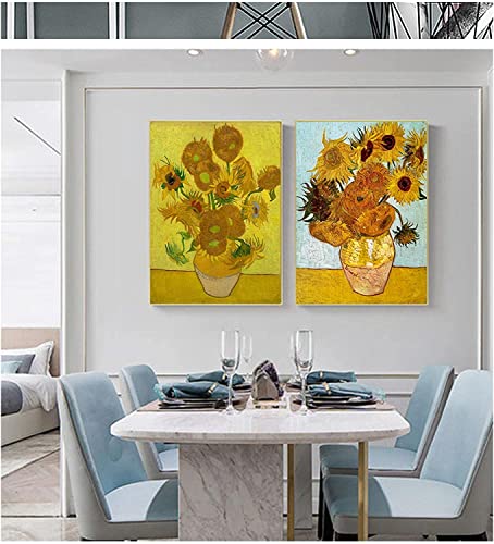 Pei-wall art Leinwand Wandkunst 2 Stück 50x70cm Rahmenlos Vincent Van Gogh Gold Sonnenblume Blumenvase Leinwand Gemälde Moderne Wandkunst Bild Wohnzimmer Dekor von Pei-wall art