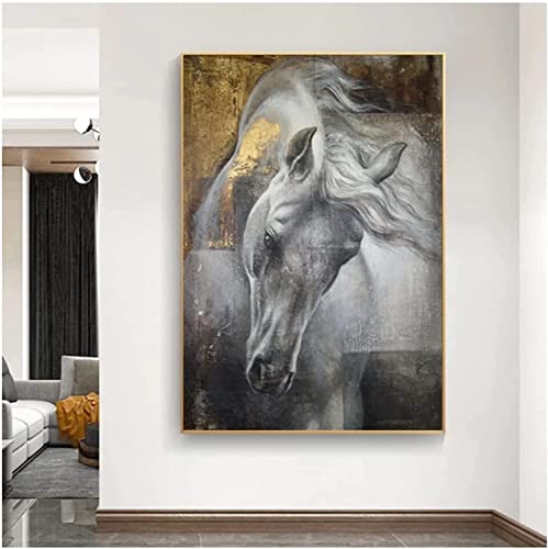 Pei-wall art Posterbild 50 x 70 cm, rahmenlos, Gold, weißes Pferd, Bild, Tier, Leinwand, Gemälde, Wohnzimmer, Dekoration, Poster und Drucke, Wandkunst von Pei-wall art