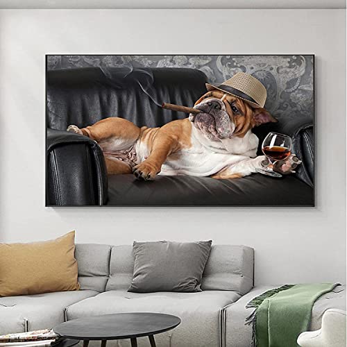 Pei-wall art Wunderschönes Bild, 50 x 100 cm, Rahmenlos, lustiges Tier, Posterdruck, rauchender Hund, Bulldogge, modernes Wandkunstbild, Wohnzimmer, Heimdekoration von Pei-wall art