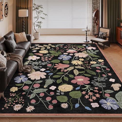 Blumen Schwarz Weicher Teppich mit Blumenmuster Luxuriöser mit Rutschfester Rückseite Exquisiter Floraler Teppich für Wohnzimmer Schlafzimmer Langlebiger (60 * 90cm) von Peiaw