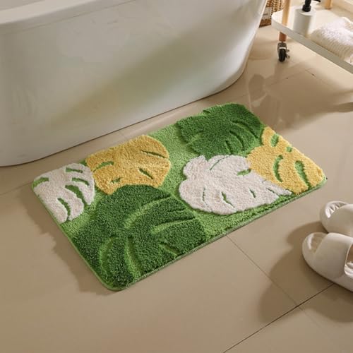 Teppich Wohnzimmer Badteppich Tropisches Blatt Muster Weicher Flauschiger Badematten mit Rutschfester TPR-Latex Unterseite,Verdickter Saugfähiger Fußmatte für Badezimmer (40x60cm) von Peiaw